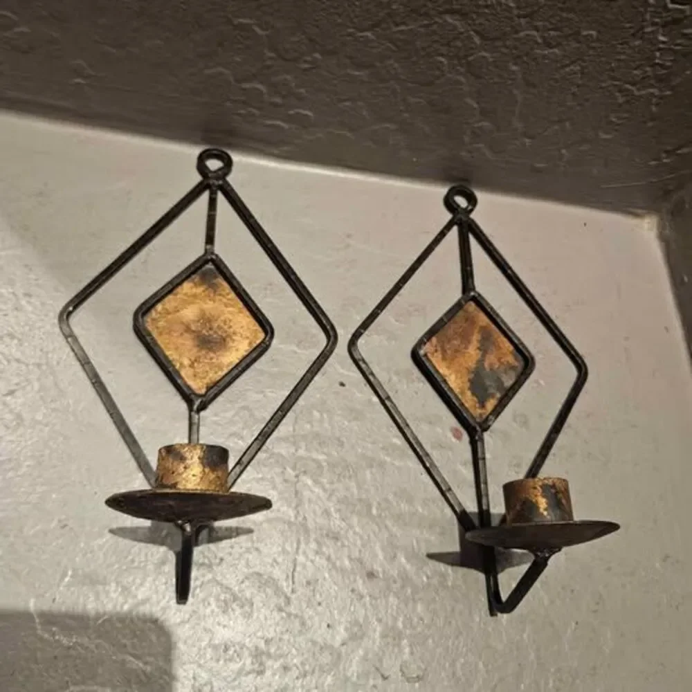 Vintage Wrought Iron Diamond Wall Sconces - Pair